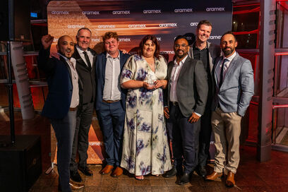 Celebrating Aramex Canterbury’s Regional Franchise of the Year award are (L-R) Timmy Sabu, Mark Little, Alexander Sutton-Dicken, Tara Lubiejewski, Buddhi Mahingoda, Quinton Cloke, Danny Murphy