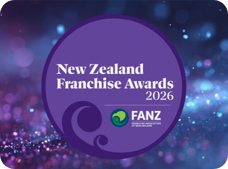 The New Zealand Franchise Awards 2026 logo features the green kiwi and koru with purple highlights and coloured lights in the background